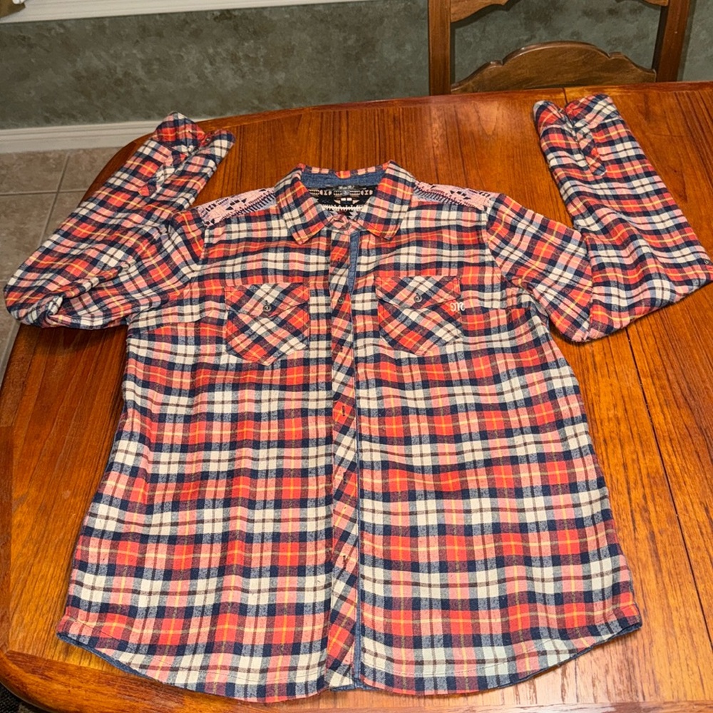Miss Me Button Up Flannel & Denim Shirt Long Sleeve Large Cosy